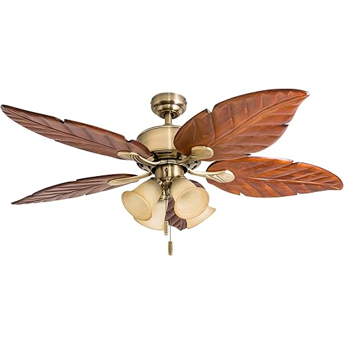 Honeywell Ceiling Fans Royal Palm, 52 Inch Tropical LED Ceiling Fan with Light, Pull Chain, Three Mounting Options, Hand Carved Solid Wood Blades - Model 50504-01 (Aged Brass)