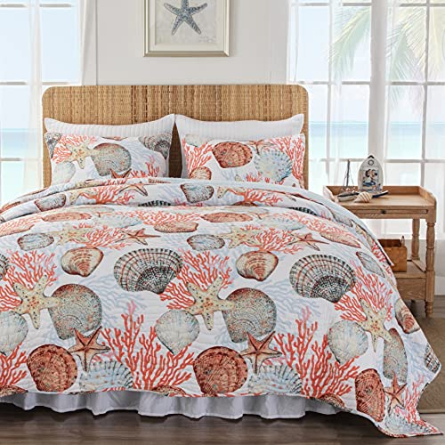 Greenland Home Beach Days Cotton Quilt Set, 3-Piece King/Cal King, Coral
