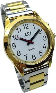 VISIONU TUF-G705 Armbanduhr, analog, mit Alarm, Anzeige der Uhrzeit und Datum, auf Französisch, für Blinde und Sehbehinderte, goldfarben, zweifarbiges Edelstahl-Armband, Armband