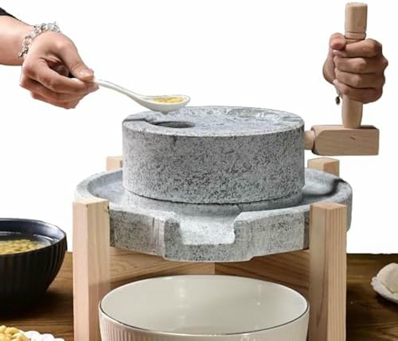 Steinmühle Getreidemühle Trocken/Nassmahlen, Natur Granit Lebensmittelmühle für Tofu, Sojamilch, Sesam und Bohnen, inklusive Ständer