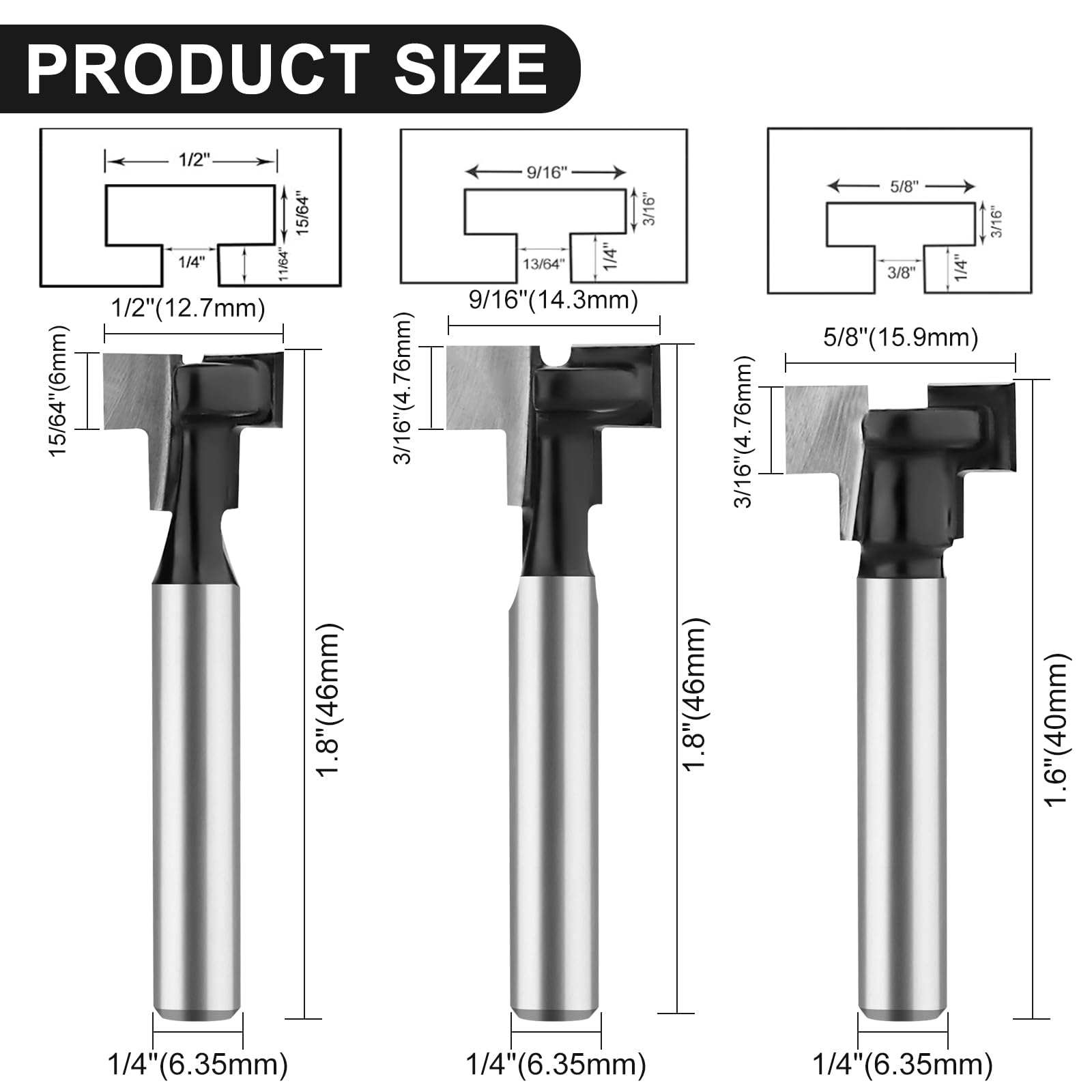 Keyhole Router Bit Set 1/4 Inch Shank, 6 Pieces T Slotting Router Bits, Cutter for 1/4, 5/16, 3/8, 9/16, 1/2, 5/8 inch Blade Diameter — Amazon image 3