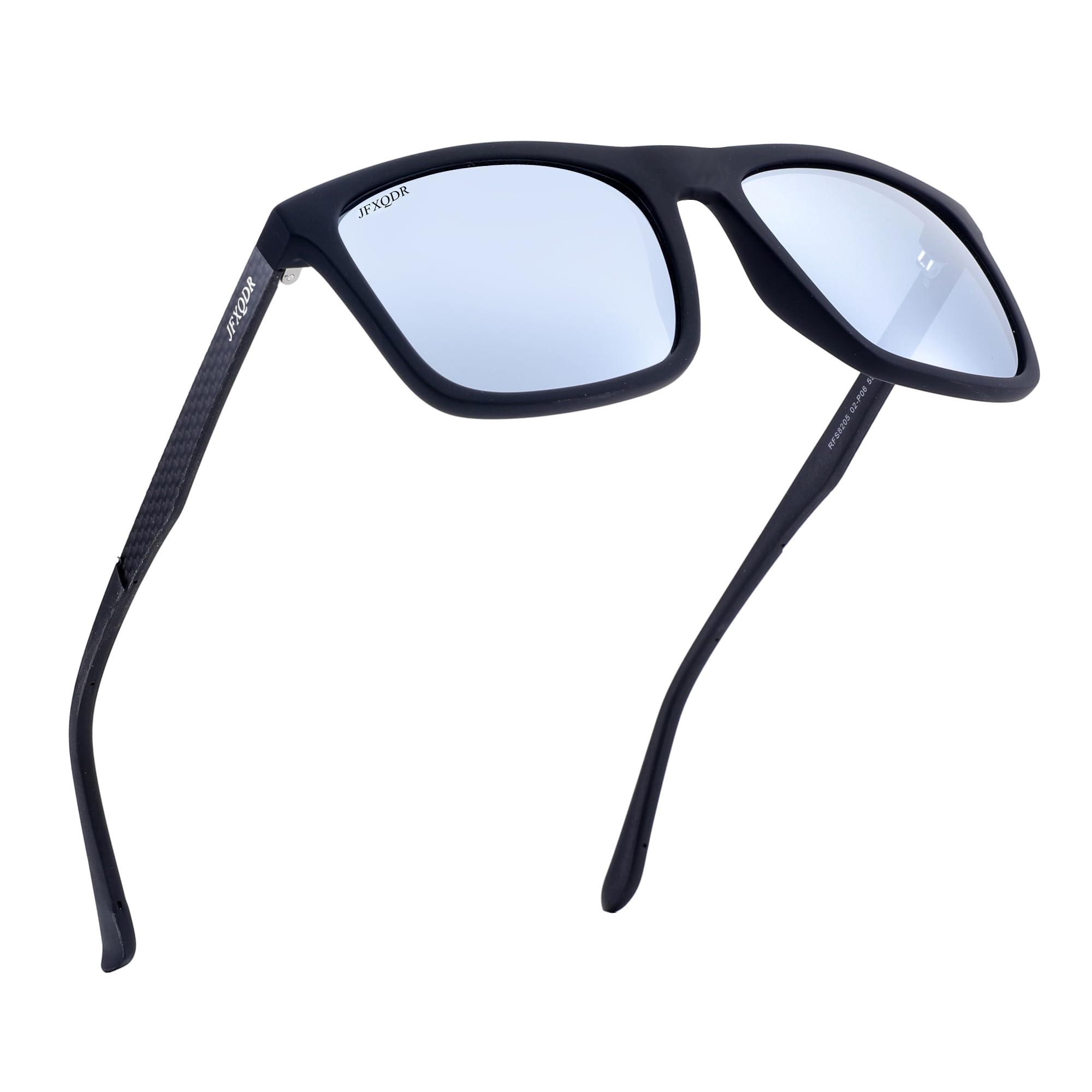 Gafas de sol polarizadas para hombre, marco de goma cuadrado de fibra de carbono, templo de pesca, conducción, protección UV, RFS8205, Lente plateada espejada con marco negro, Grandes