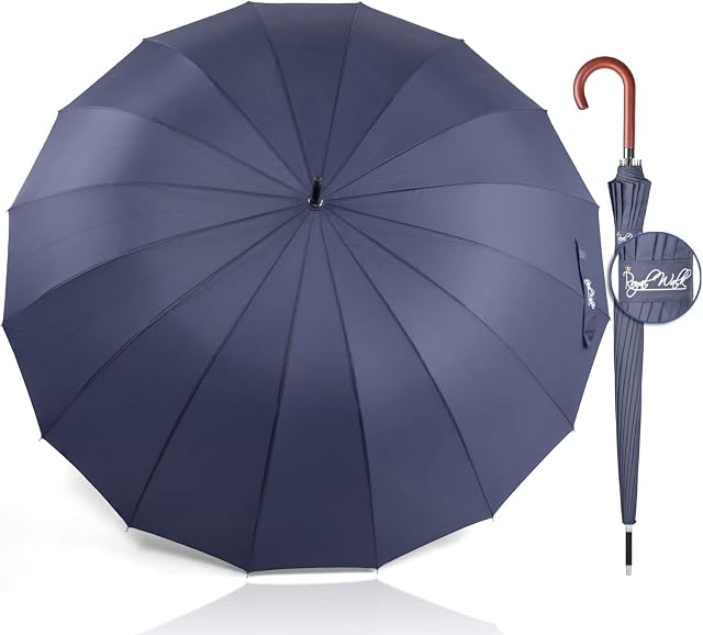Royal Walk Windproof Umbrella Black Large 54 Inch Automatic Open for 2 Persons Stormproof for Men Women Classic Wooden Handle Lightweight Waterproof Durable Strong 16 Ribs Travel Golf 120cm Navy Blue