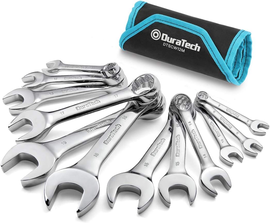 DURATECH Stubby Metric Box Spanner Set, Stubby Combination Wrench Set with Open End, 12-Piece, 8-19mm, Chrome Vanadium Steel, 12-Point, with Carry Pouch