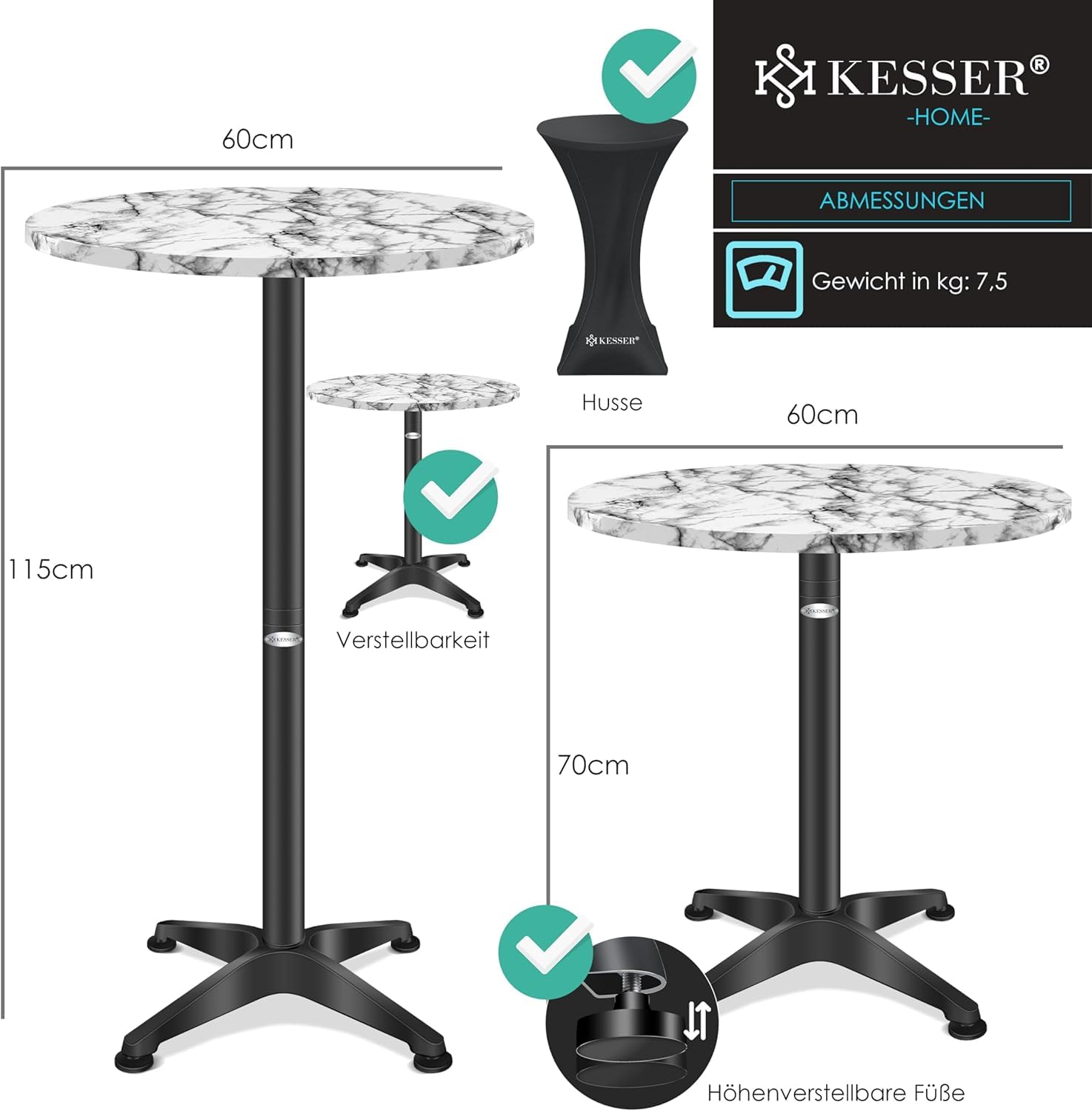 KESSER® Juego de mesa alta 2 en 1, placa de aluminio y acero inoxidable, altura regulable 70 cm/115 cm, mesa de fiesta de 60 cm de diámetro, redonda, para interior y exterior, incluye funda