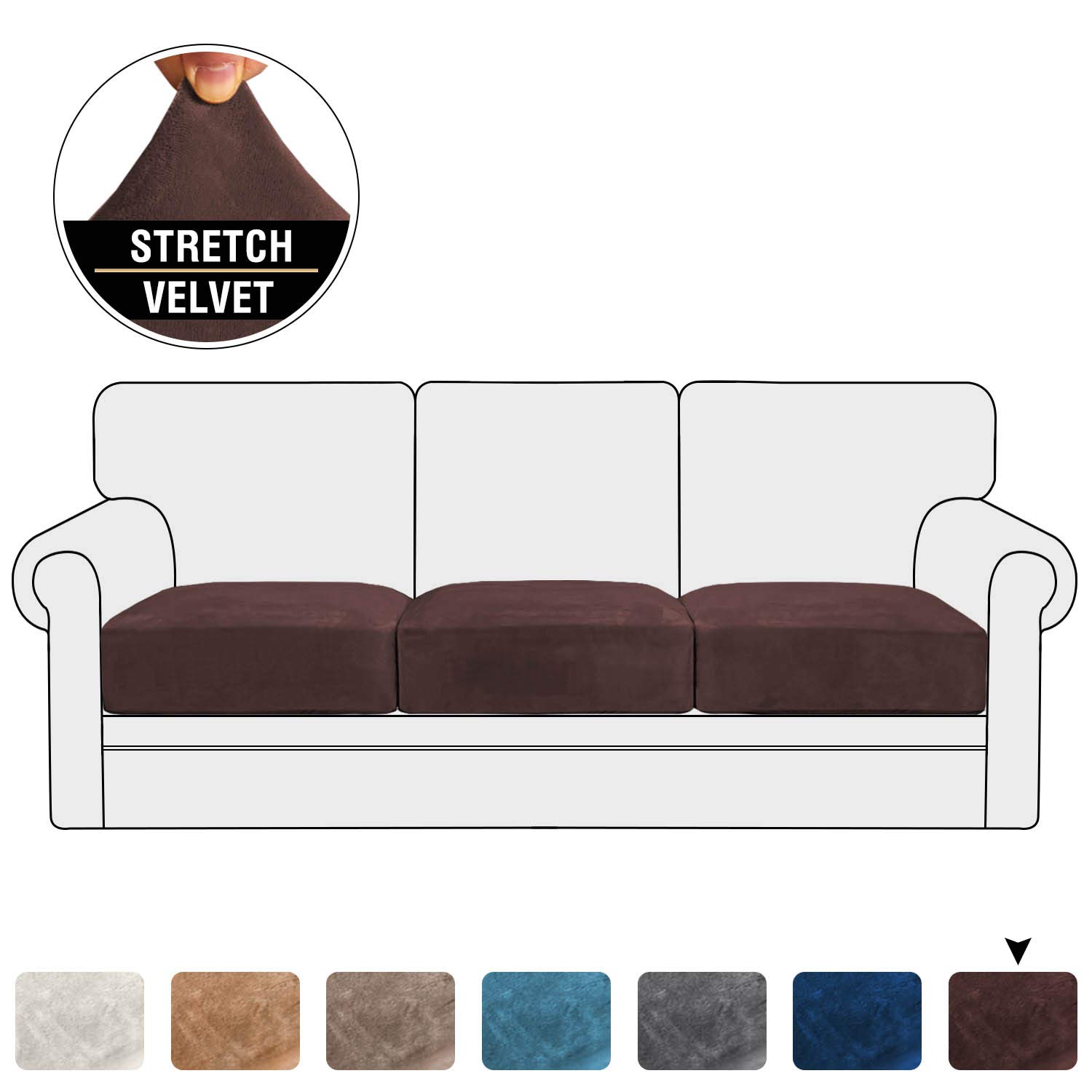 PrinceDeco Velvet Sofa Cushion Covers, Stretch Couch Cushion Covers for Individual Seat Couch Slipcover Sets Furniture Protector for Loveseat Sofa Cushion(Each Width Up to 29.5", Brown)OEKO-TEX STANDARD 100