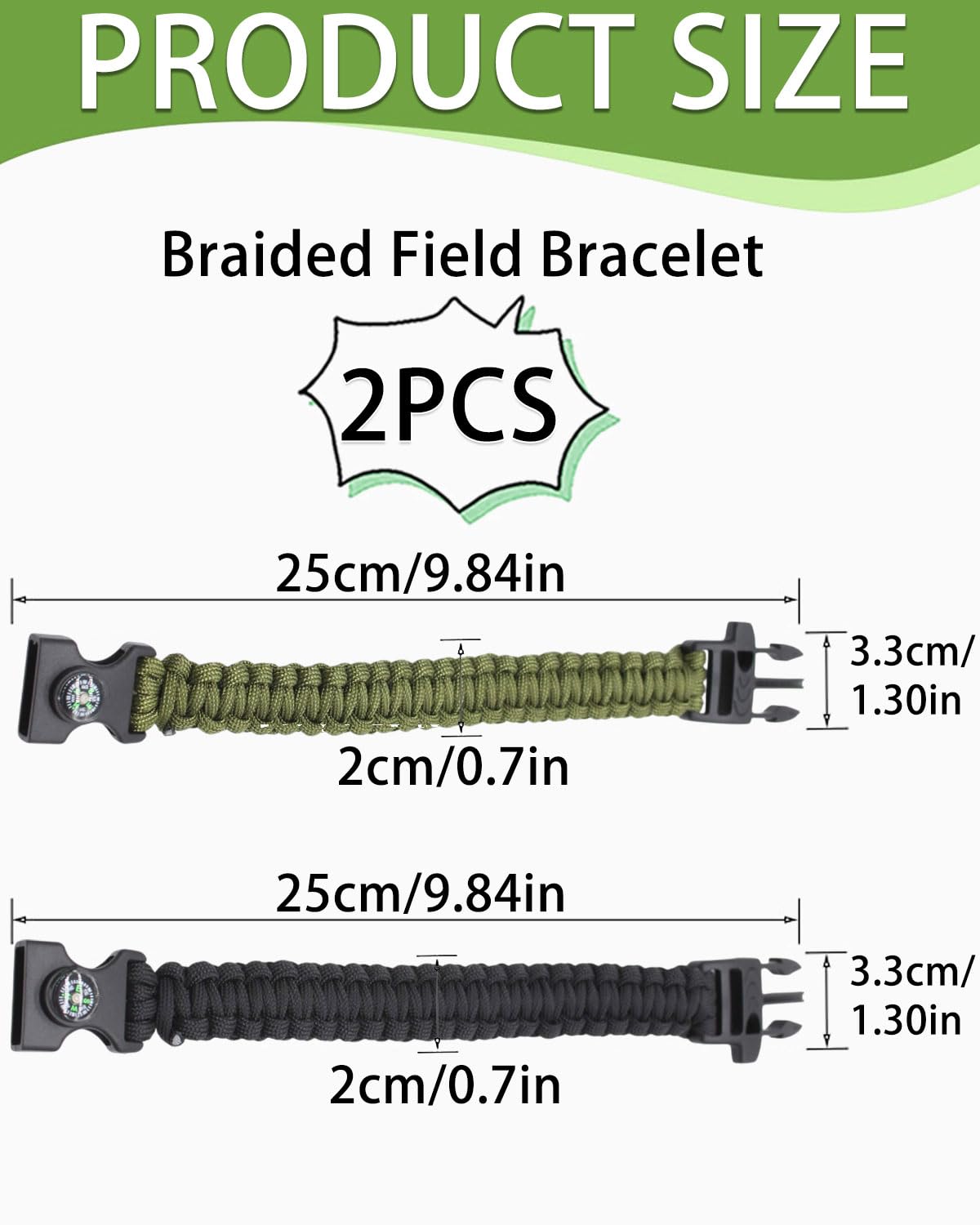 2pcs Bracciale Intrecciato in Corda Paracadute, Multifunzione, Sopravvivenza, Fischietto, Bussola, Attività Outdoor.