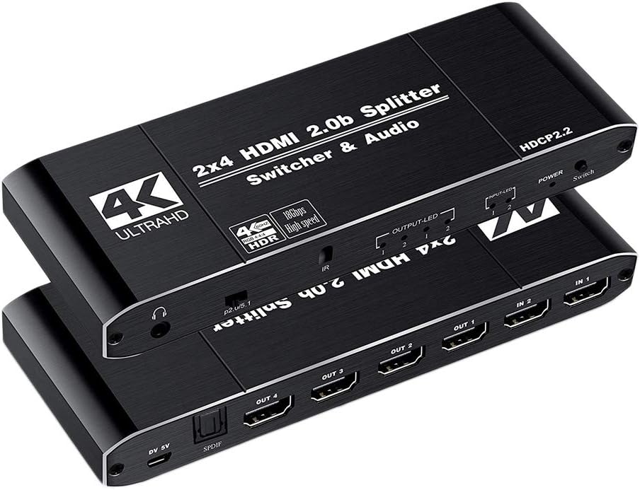 1JUSTLINK 2.0 HDMI Switch Splitter 4K 2x4 2 Input 4 Output Audio and Video Selector Box No External Power Required Support UHD 4K 60Hz1080P 3D for DVD PS3 TV Projector