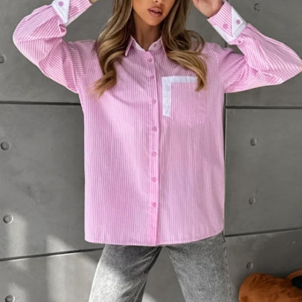 Damska bluzka w paski na co dzień Patchwork Button Down Lapel Modne koszule dla chłopaków