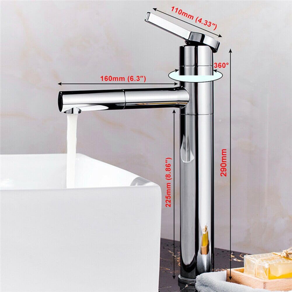 Rubinetto da bagno con rubinetto girevole a 360° e beccuccio, per bagno con beccuccio, altezza 22,5 cm, in ottone, per lavandino, acqua fredda e calda, per ospiti, WC, bagno