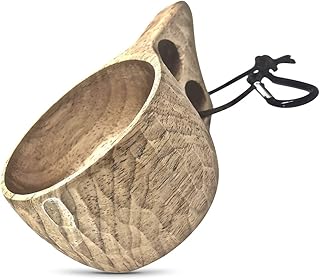 Ã¼berleben Dursten Kuksa | Wood Camp Mug | Lightweight & Eco-Friendly | Traditional Wooden Cup with Carabiner | Bushcraft or Camping | Leather Lanyard