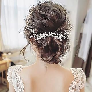 Silver Wedding Crystal and Pearl Hair Vine Extra Long Headpiece Headband Bridesmaid Bridal Headpiece Hair Vine for Bride Jewelry (35cm)