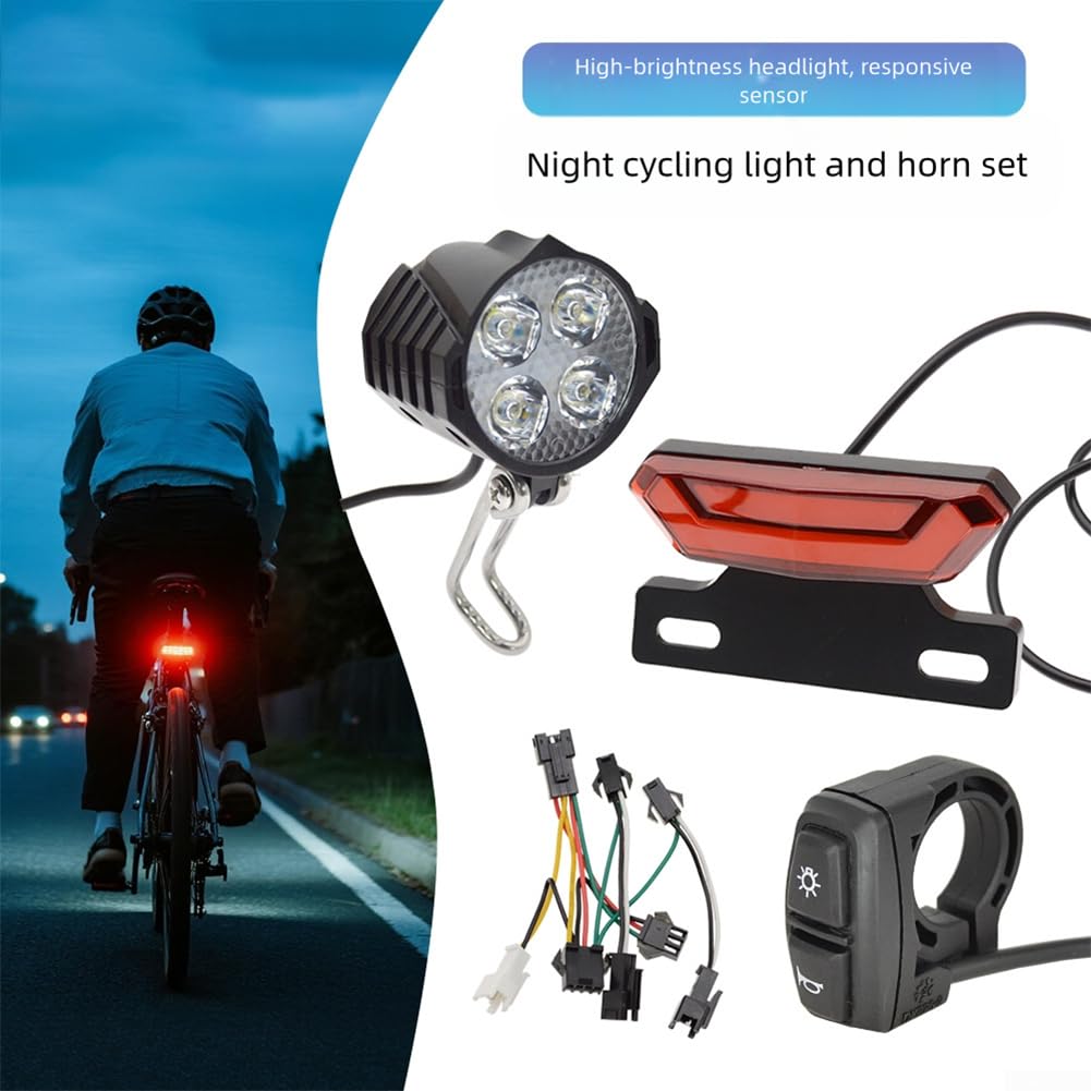 Kit di luci per bici elettrica da 24 V-48 V con interruttore a clacson, set di fari a LED impermeabili e fanale posteriore per bicicletta elettrica, cavo da 1500 mm, luci di sicurezza per guida