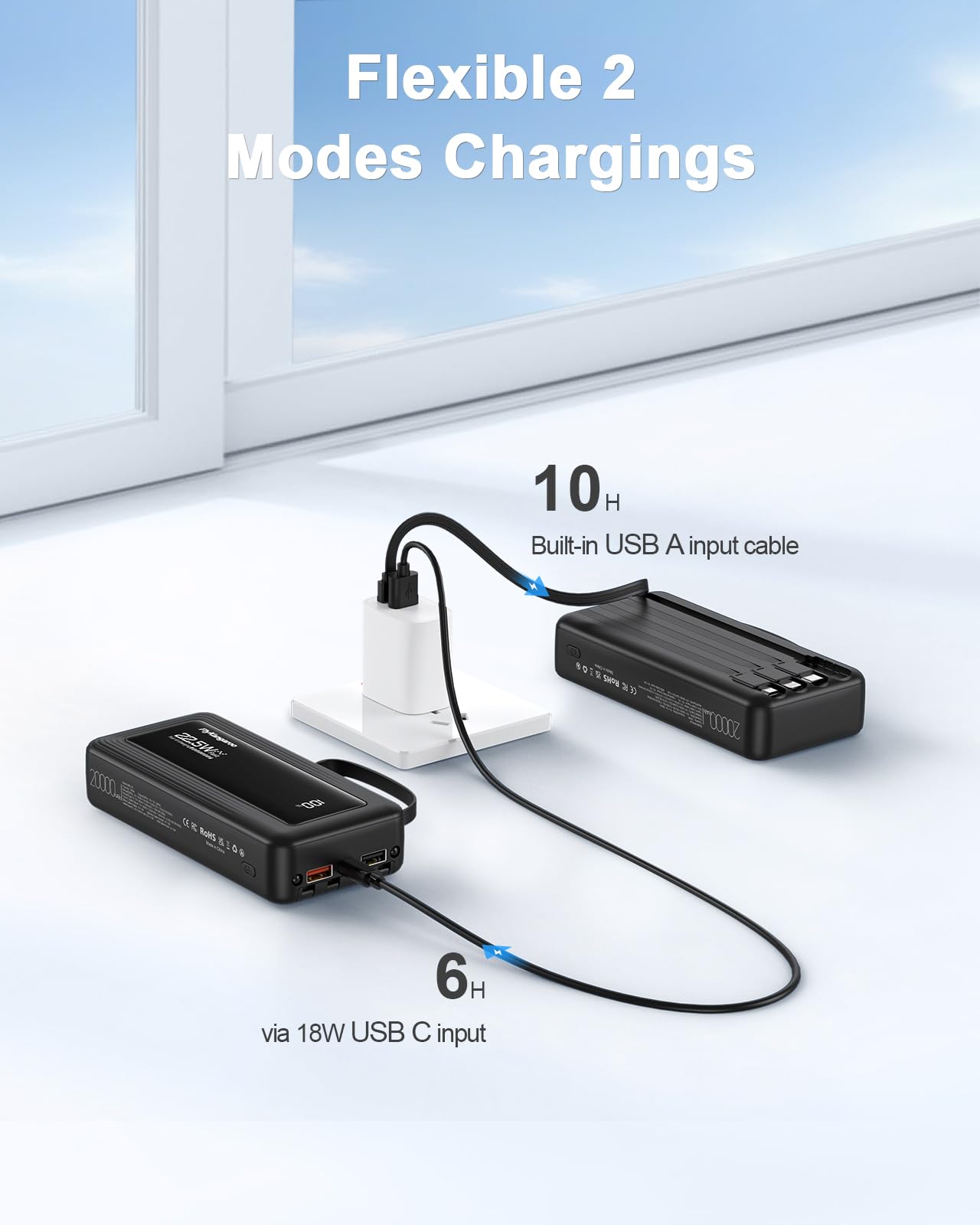 Power Bank 20000mAh con 4 Cavi Integrati, 22.5W Batteria USB C a Ricarica Rapida w/Torcia Elettrica, PowerBank per Cellulare Display LED per iPhone 17 16 Samsung Galaxy S24 Tablet Android