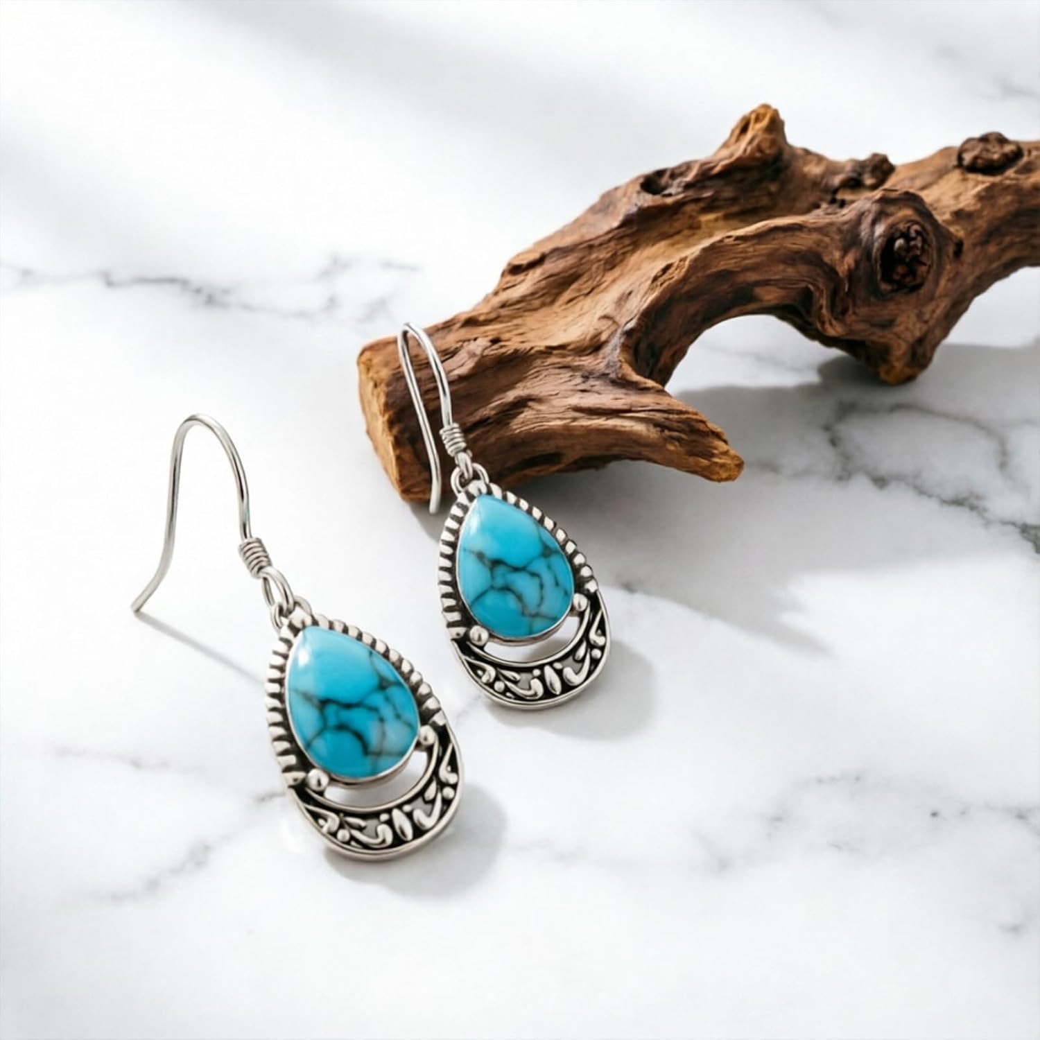Vintage Teardrop Gemstone Earrings for Women, Sterling Silver Antique Filigree Dangle Earrings, Boho Jewelry Gift