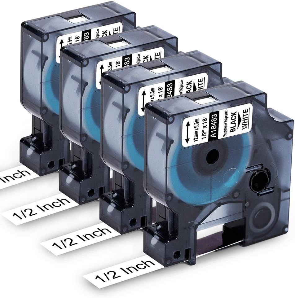 Compatible Label Tape 1/2 Replace for Dymo Rhino 4200 5200 Label Tape 18483 Permanent Polyester Label Tape 1/2 for Rhino 5200, 4200, 5000, 6000, 6500 Label Tape 12mm Black on White 1/2" x 18', 4 Pack