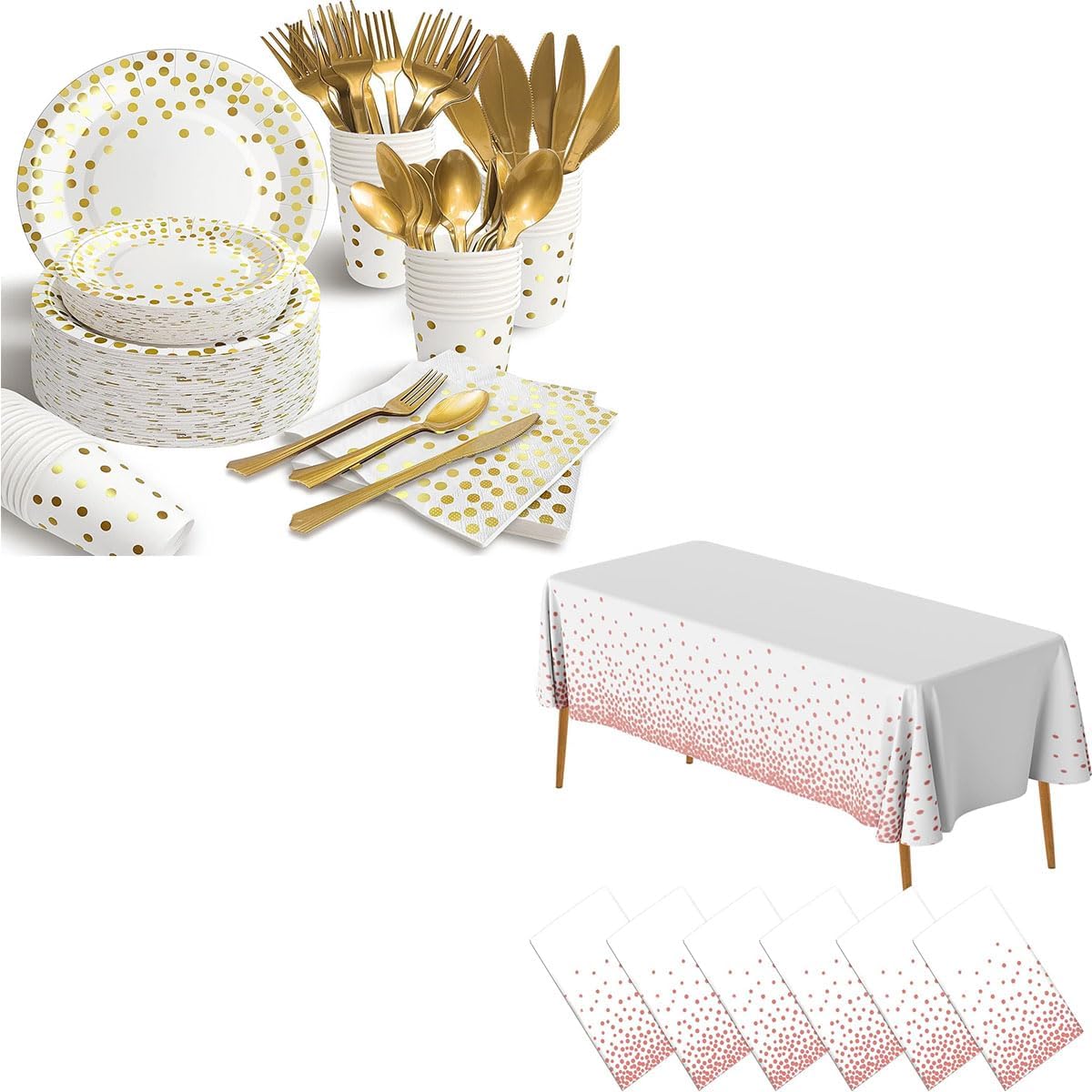 175PCS White and Gold Party Supplies, 6 Pack White and Rose Gold Plastic Tablecloths for Rectangle Tables