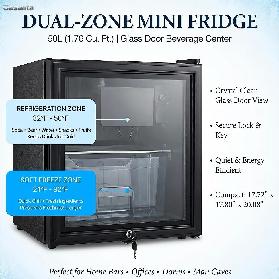 Casanta 50l Beverage Refrigerator With Glass Door And Lock, Freestanding Mini Drink Cooler With Soft Freezer Compartment For Beer, Wine, Soda, Office, Bar & Dorm - Black on Fridge.com - View 4
