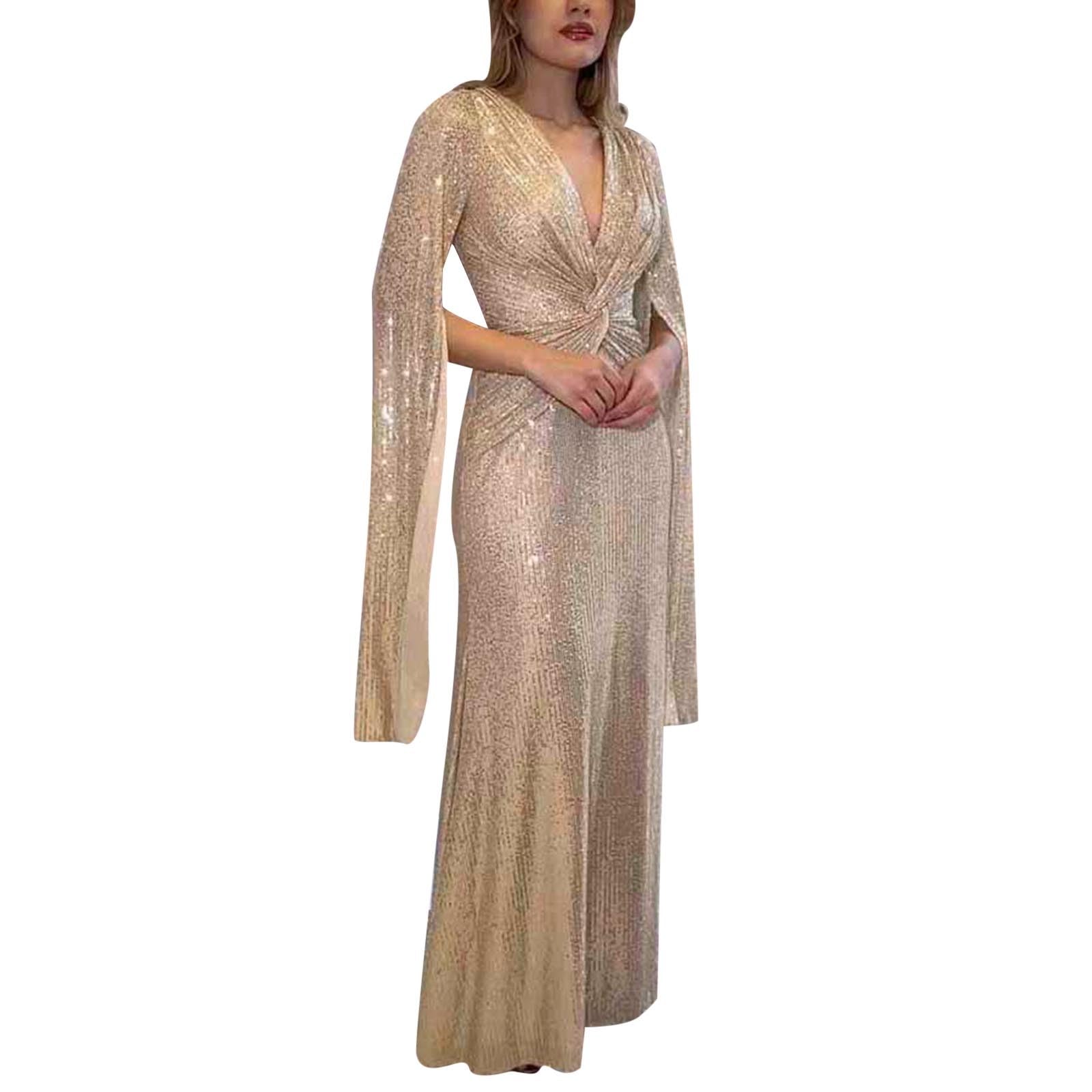 OIUHJN Vestido formal para mujer, vestido de dama de honor, vestido de dama de honor, manga larga, cuello en V, vestido de noche con cuentas, vestidos de invitada de boda, vestidos de fiesta para invitadas