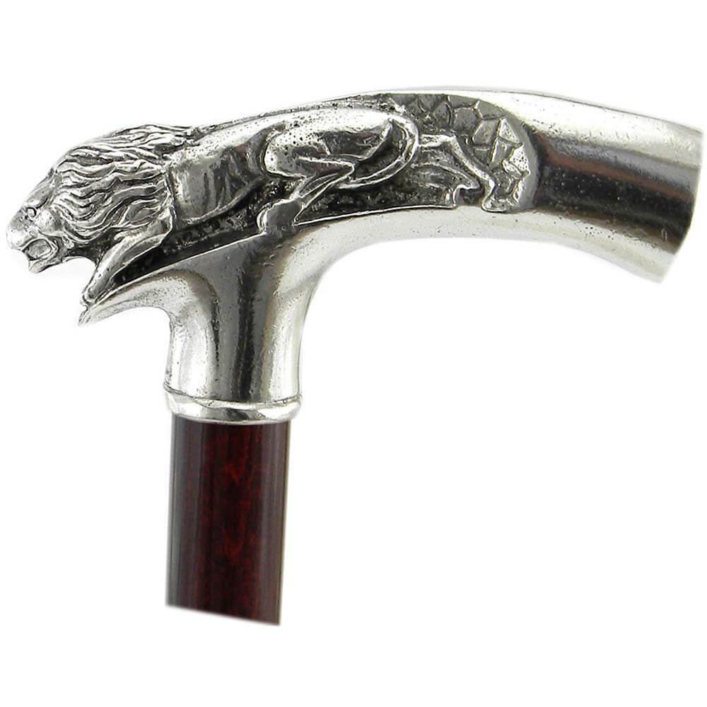 Walking stick preciuous metal pewter cane wood handle lion Made in Italy