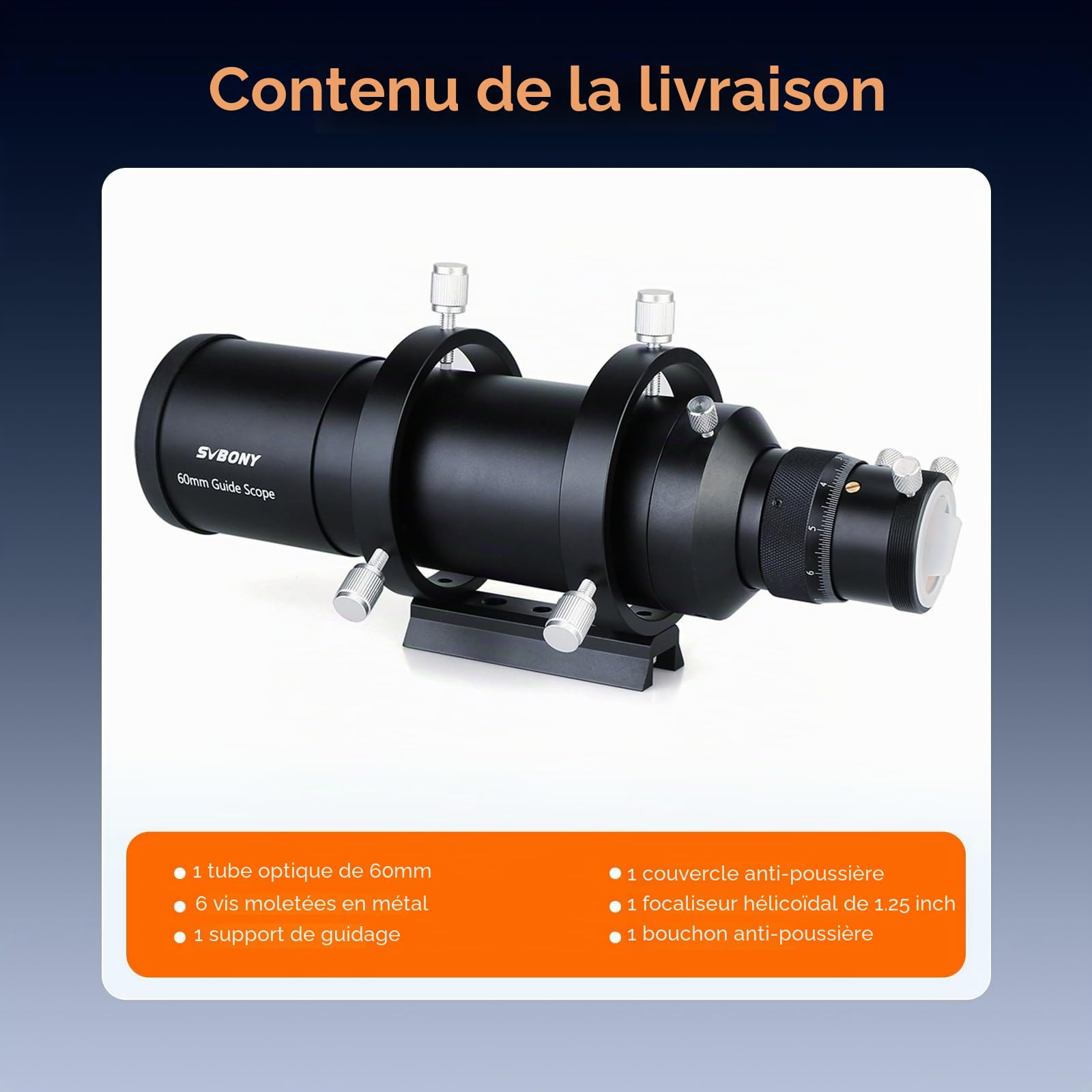 Svbony SV106 Télescope Guideurs 60mm,F4 Télescope Guide Scope avec Focaliseur Hélicoïdal pour Guider Trouver des Étoiles,Compatible avec ZWO QHY Caméra de Guidage