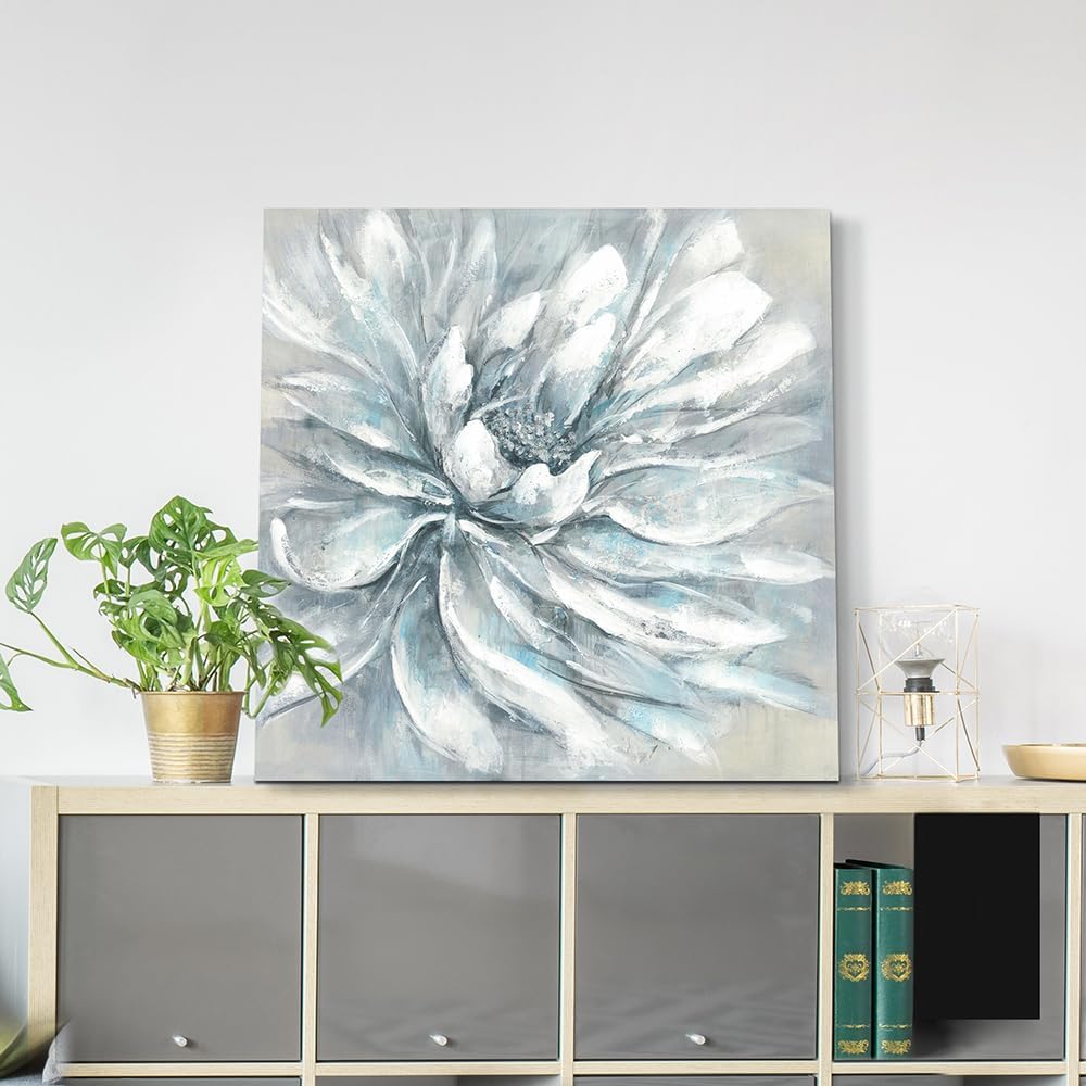 TAR TAR STUDIO Abstract White Flower Wall Art: Floral Bedroom Canvas Painting Gray Peony Picture Contemporary Textured Artwork for Gallery Living Room Bathroom