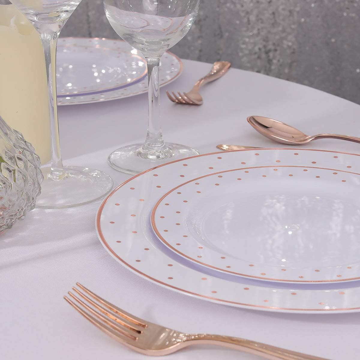 I00000 200PCS Rose Gold Plastic Plates with Disposable Silverware Set, Rose Gold Dot Plates include 40 Dinner Plates 10.25”, 40 Salad Plates 7.5”, 40 Forks, 40 Knives and 40 Spoons