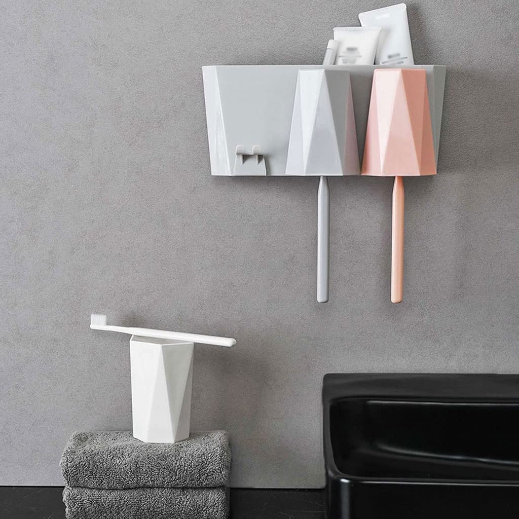 Soporte de Pared para cepillos de Dientes, Estante de Almacenamiento para baño sin Agujeros con Tres lavabos y Vasos para Pasta de Dientes y Maquillaje (C)
