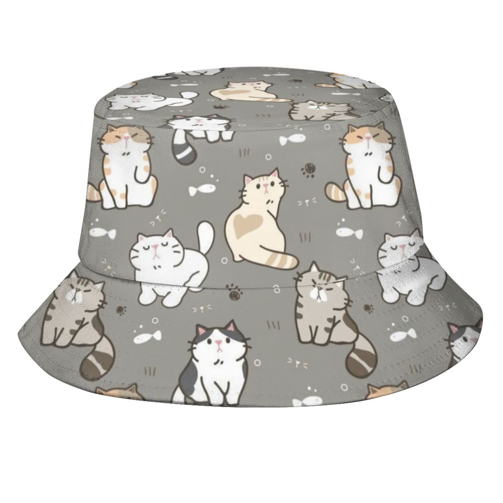 FJQWKLF Kawaii Cute Happy Cat Pattern Bucket Hat Black Cat Fisherman Cap Packable Sun Hat for Women Men Women,Men,Girls,Boys
