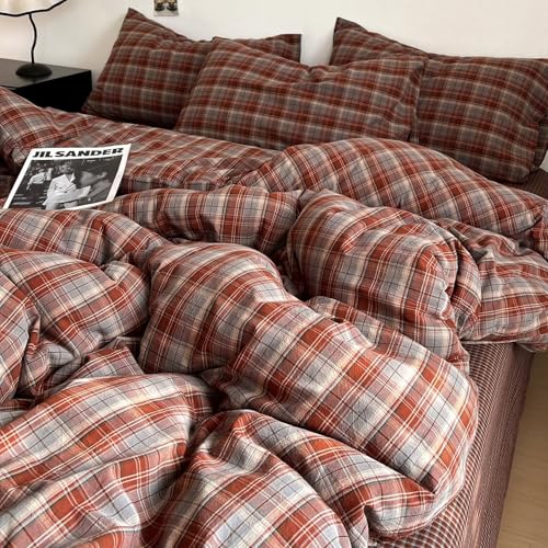Image of PinkMemory Caramel Blue Gingham Duvet Cover Queen 100% Washed Cotton Buffalo Plaid Bedding Set 3pcs Grid Checkered Duvet Cover Set Full with Zipper Closure Ultra Soft Breathable