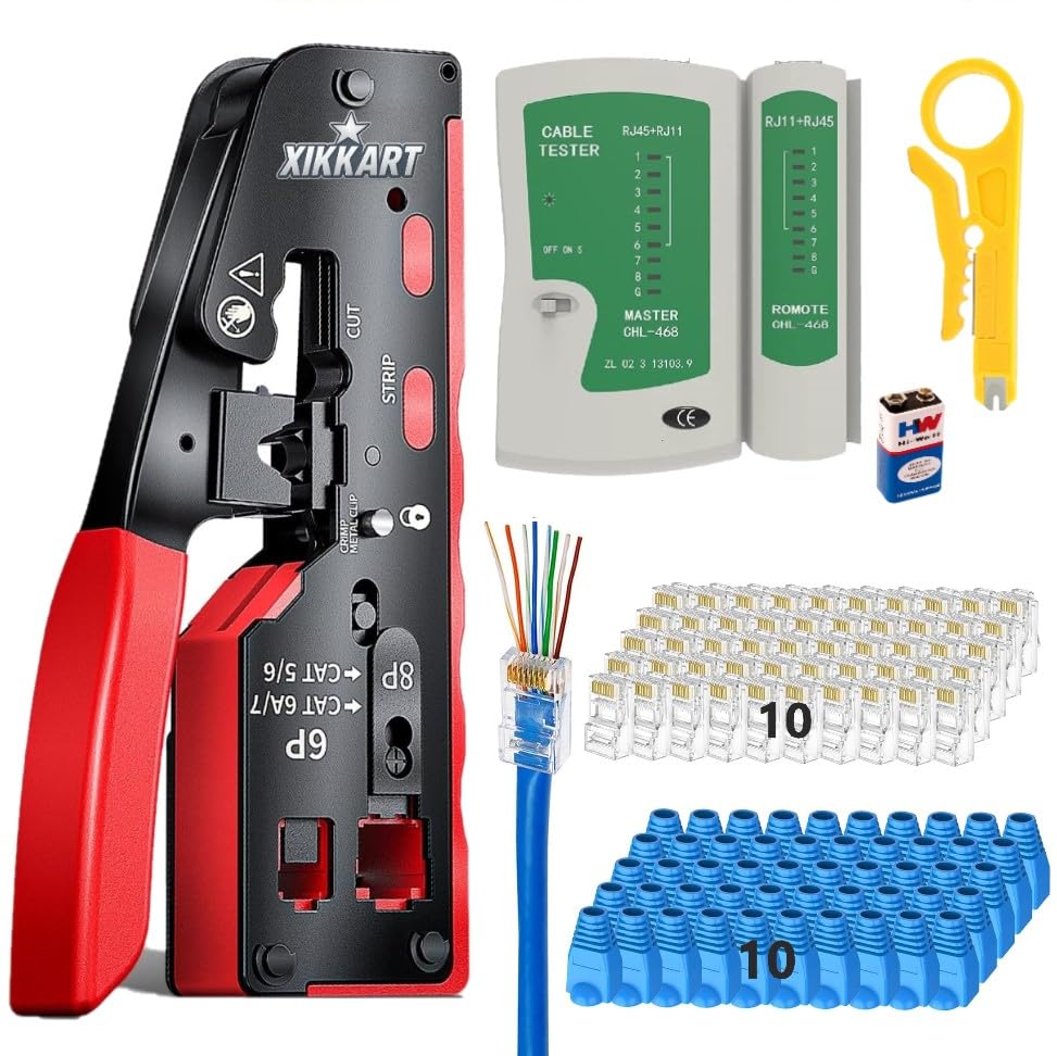 Image of XIKKART RJ45 Crimping Tool Kit - All-in-One Passthrough Ethernet Crimper for Cat5 /Cat6 /Cat7 - Includes Network Cable Tester with Battery, 10pc Cat6 Pass-Through Connectors & 10pc Boots(Multicolor)
