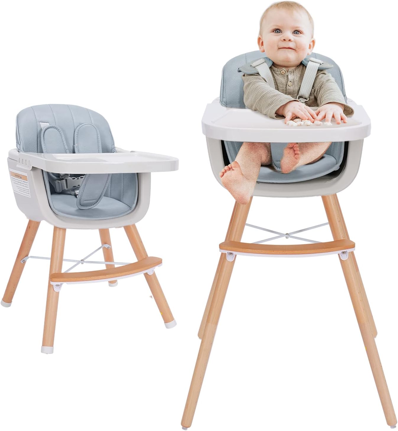 Mallify 3-in-1 Wooden High Chair,Baby High Chair with Adjustable Legs & Dishwasher Safe Tray, Made of Sleek Hardwood & Premium Leatherette, Blue Color