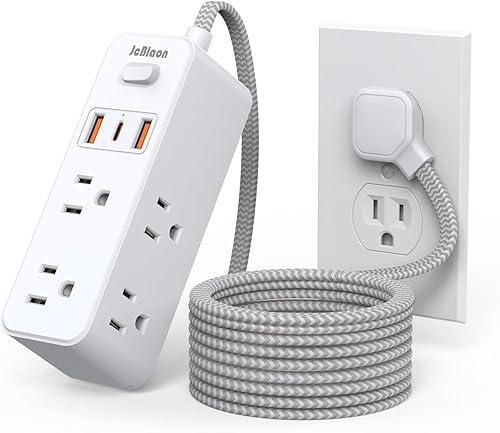 Regleta protectora contra sobretensiones, cable de extensión de enchufe plano de 5 pies con múltiples tomas, 6 salidas con 3 puertos USB (1 USB C),