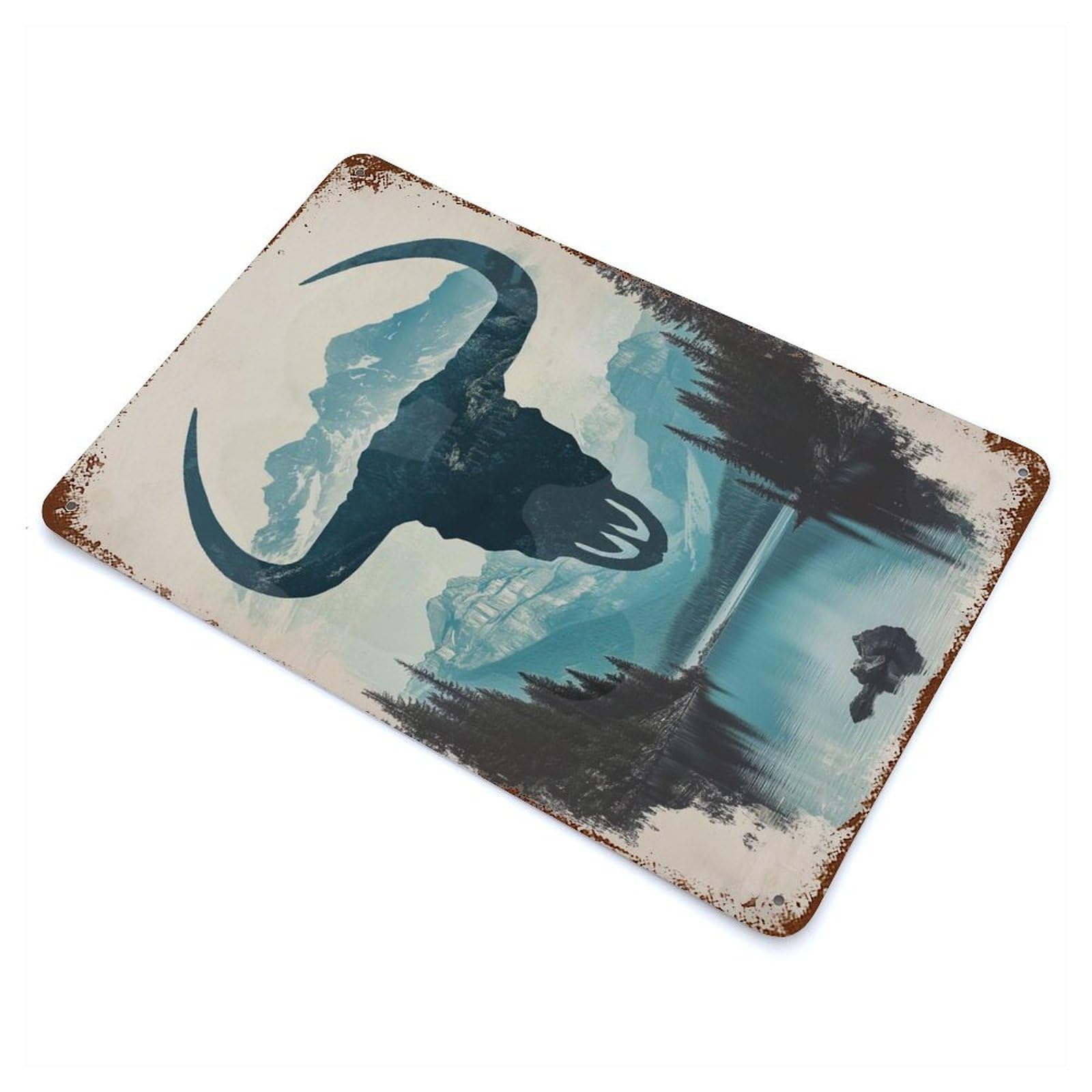 Mountain Bull Skull Vintage Wall Sign 11.8"x7.9", Rust Effect Metal Decor for Bistro, Counter And Cafe Decor