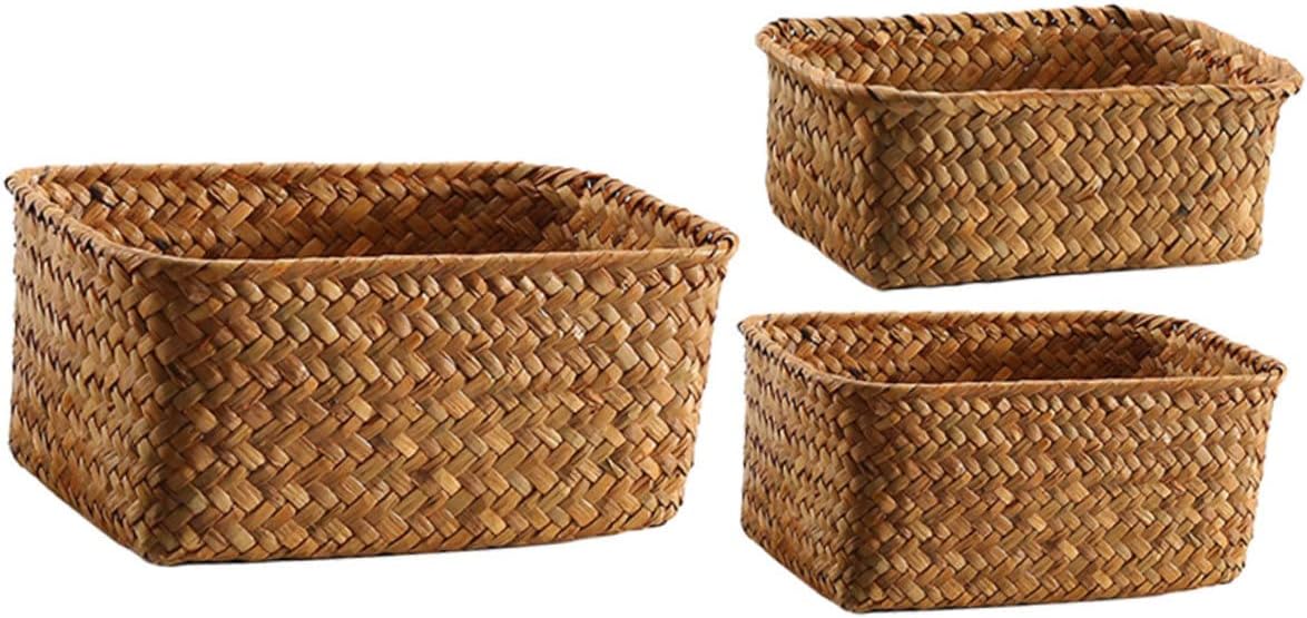 OKUMEYR 3pcs Straw Storage Basket Woven Storage Baskets Woven Basket