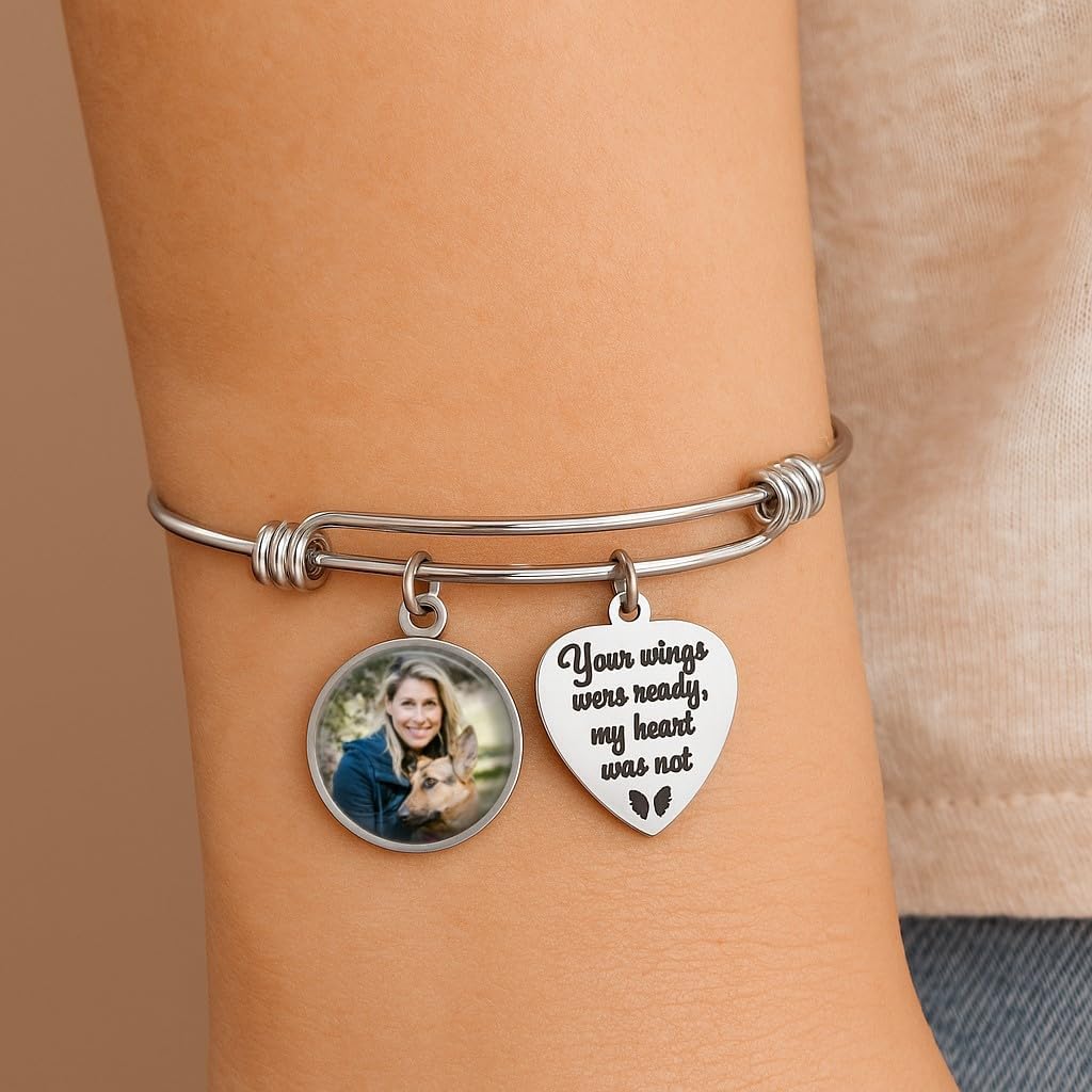 Loss of Loved One In Memory Custom Photo Stainless Steel Wire Wrap Charm Bangle Bracelet, Personalized Picture Pendant, Memorial Jewelry, Your Wings were ready my Heart was not