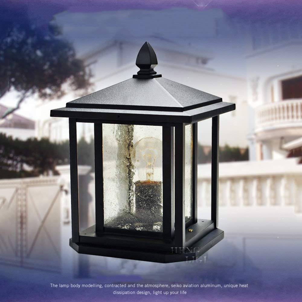 Lampada da pilastro per Giardino comunitario Tradizionale Quadrata Impermeabile IP56 per Esterni Cortile Europeo Paesaggio Lanterna in Vetro Lampada da pilastro per Giardino comunitario - Nero