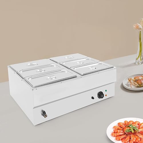 Vista 2 de Calentador de alimentos comercial de 110 V, 6 sartenes, de acero inoxidable eléctrico de 1500 W, calentador de alimentos Bain Marie, mesa de vapor