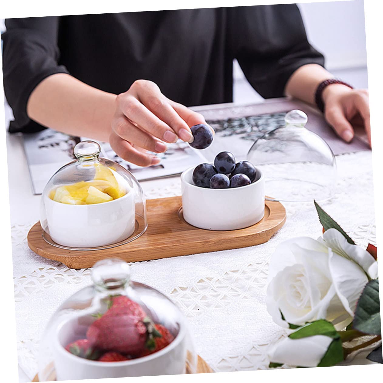 Ipetboom Bol De Cerámica Para Postres Elegante Bol Para Servir Comida Para Fiestas Tapa Transparente De Vidrio Para Ensaladas y Frutas