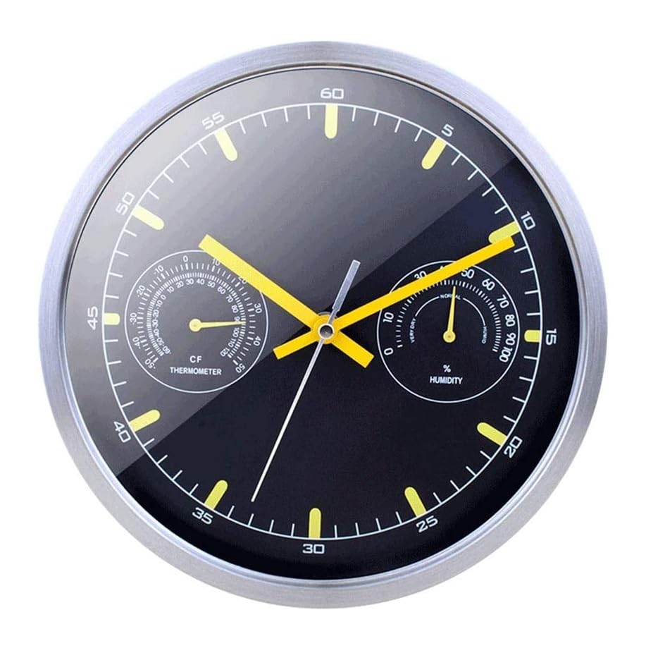Horloge murale silencieuse en acier inoxydable XJBTBA avec hygromètre élégant de 25,5 cm