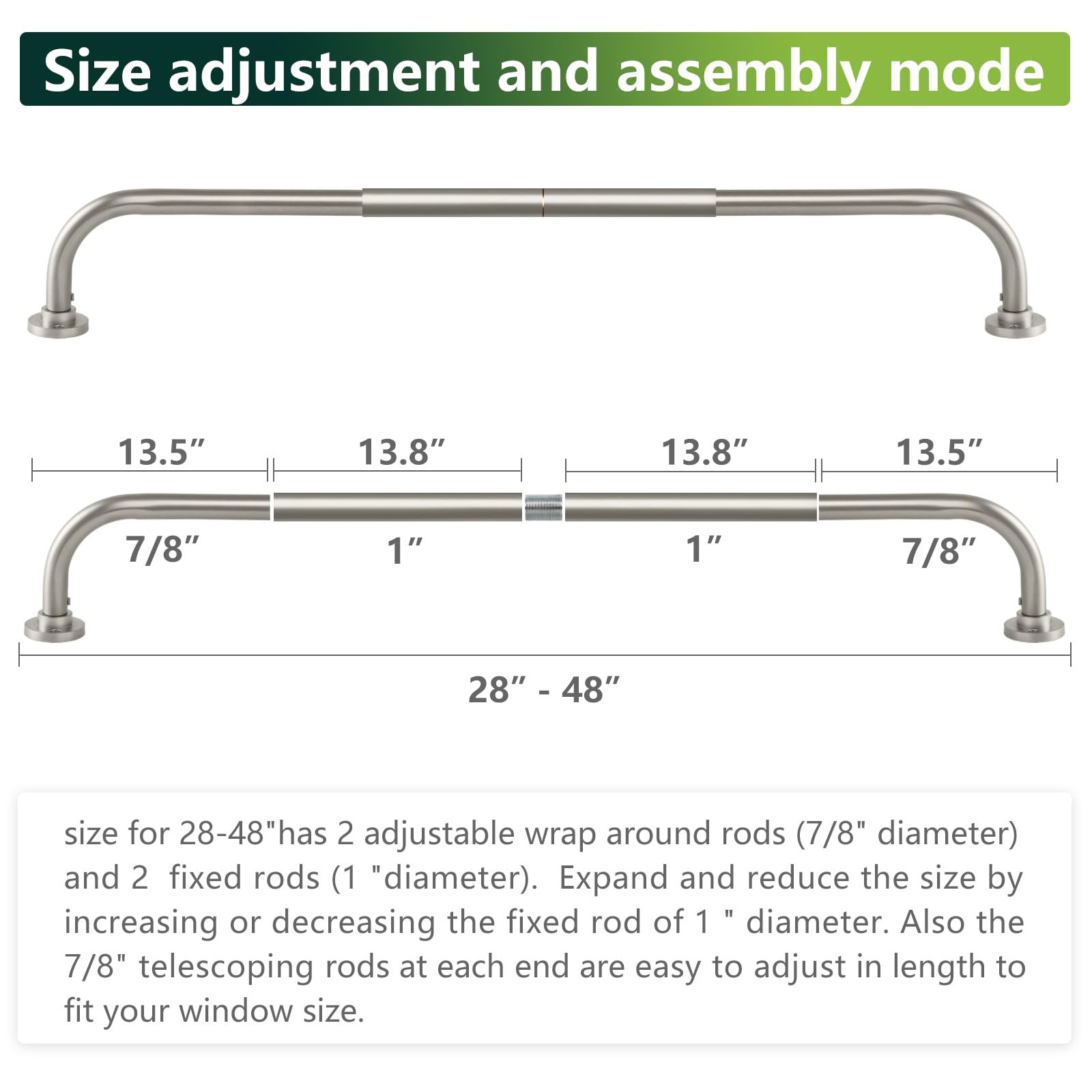 TANGWIN Brushed Nickel Wrap Around Curtain Rods,Heavy Duty Curtain Rods for windows 28 to 48 inch(2.3-4Ft),1 Inch Adjustable Blackout Curtain Rod,Room Darkening Window Curtain Rod 28-48",Satin Nickel