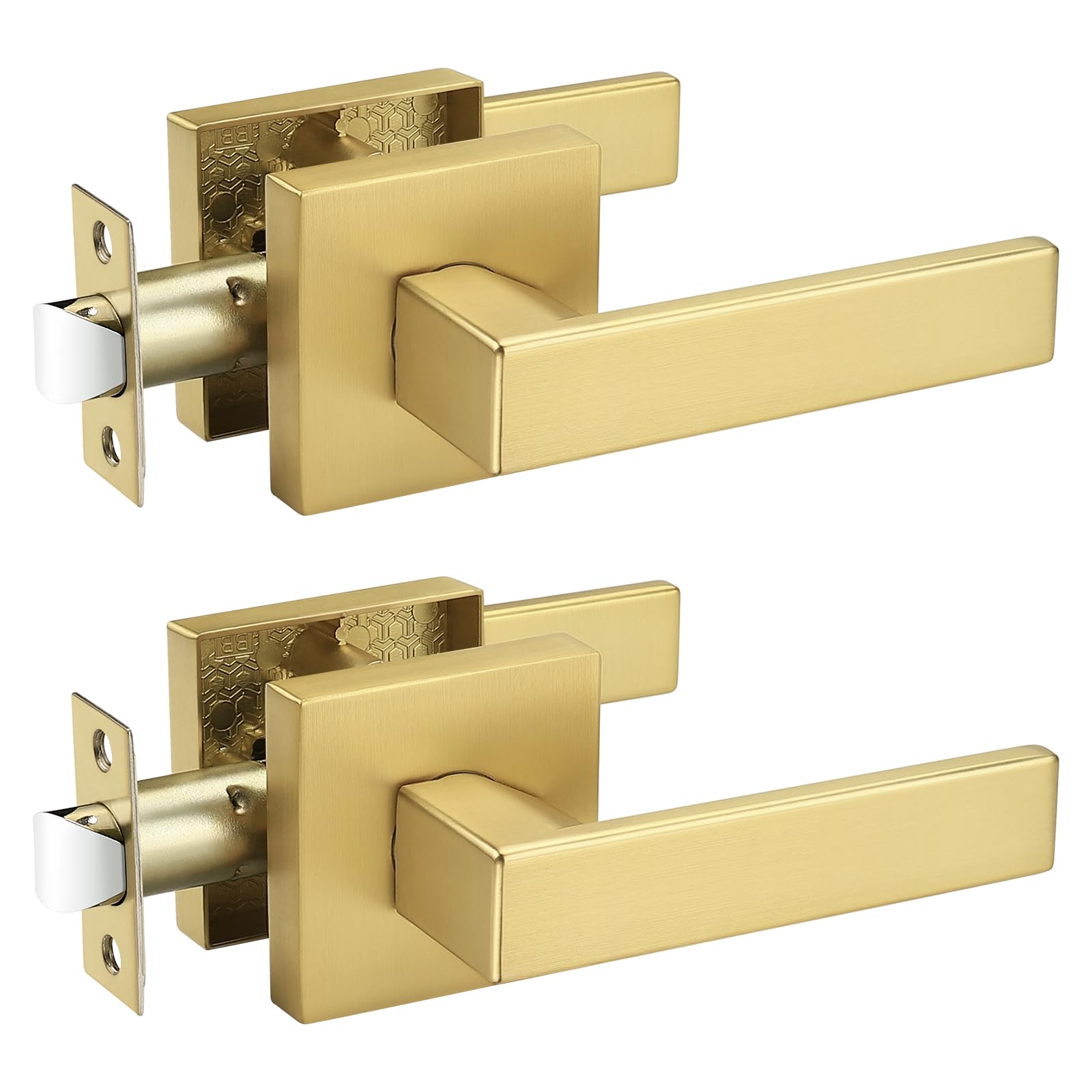 Probrico 2 Pack Heavy Duty Gold Passage Door Handle,Square Satin Brass Door Lever for Hallway and Closet, Keyless Reversible No-Locking Interior Door Knobs Both Fit Right &amp; Left Handed Side