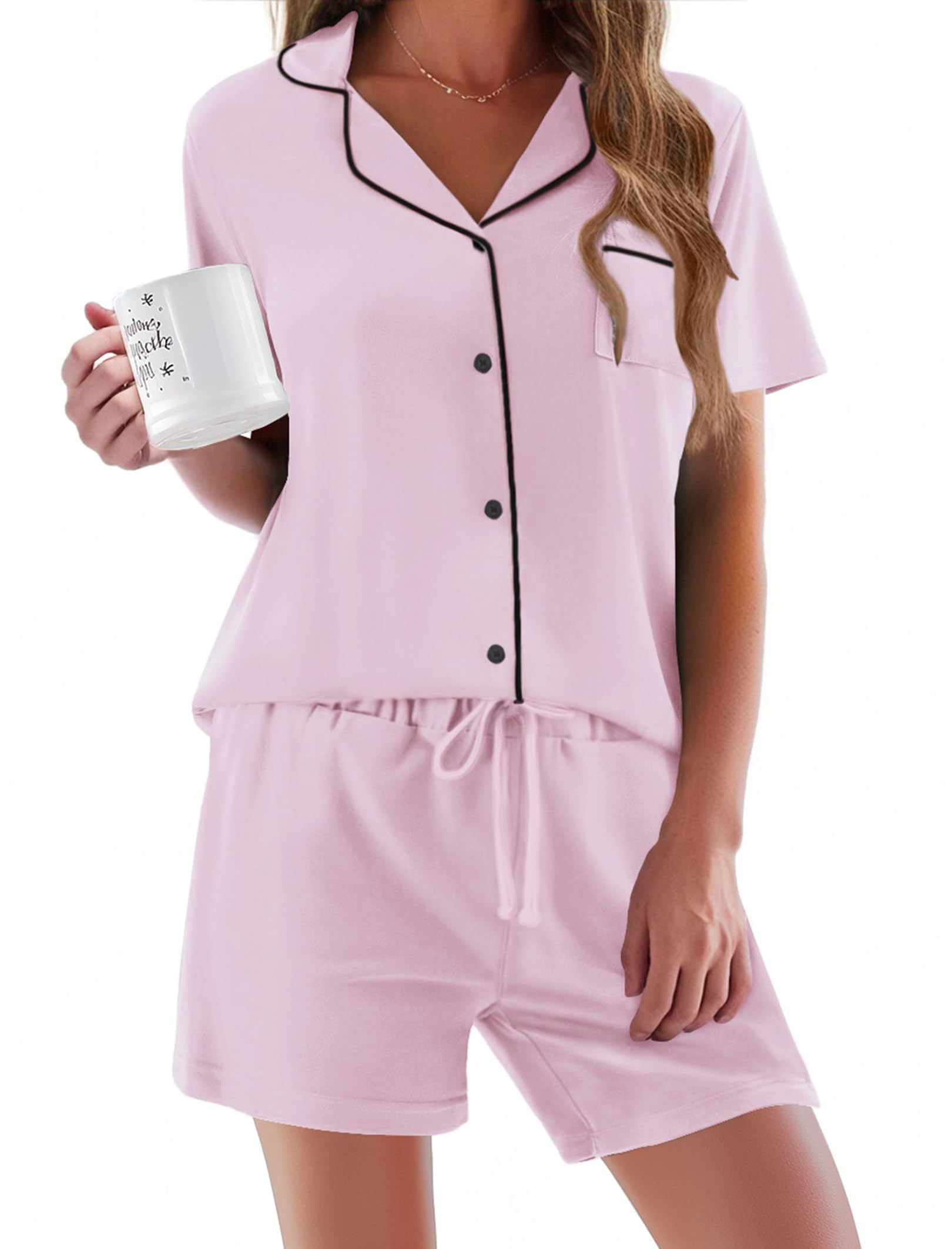 Ekouaer Schlafanzug Damen Kurz Pyjama Set Kurzarm Schlafanzüge Frauen Sommer Hausanzug Kurz Lounge Set Zweiteiliger Sleepwear mit Knöpfen und Taschen,S-XXL