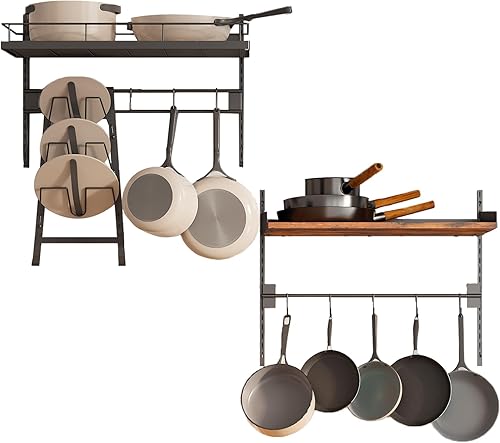 Paquete de 2 estantes colgantes para ollas, organizador de ollas y sartenes montado en la pared, soporte para ollas de 2 niveles para almacenamiento