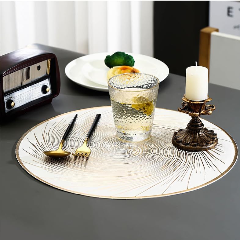 Miniatura 7 de PIGCHCY Juego de 6 manteles individuales metálicos dorados, manteles individuales redondos de vinilo de plástico para mesa de comedor,