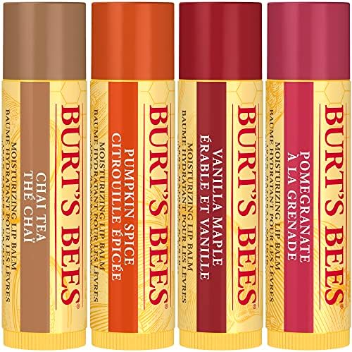 Burts Bees Lip Balm Gift Set, Chai Tea, Pumpkin Spice, Vanilla Maple, Pomegranate, Lip Balm Multipack, 4x4.25g