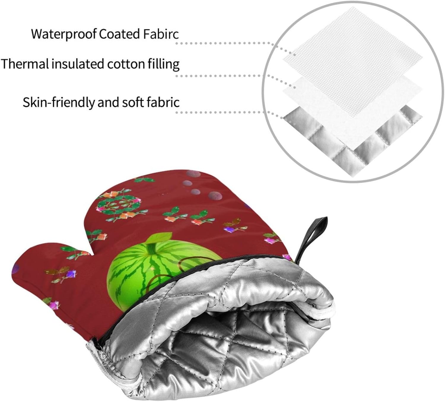 Big Eye Watermelon Oven gloves and heat-resistant mat 4-piece set. Suitable for grilling, microwave oven frying, and baking