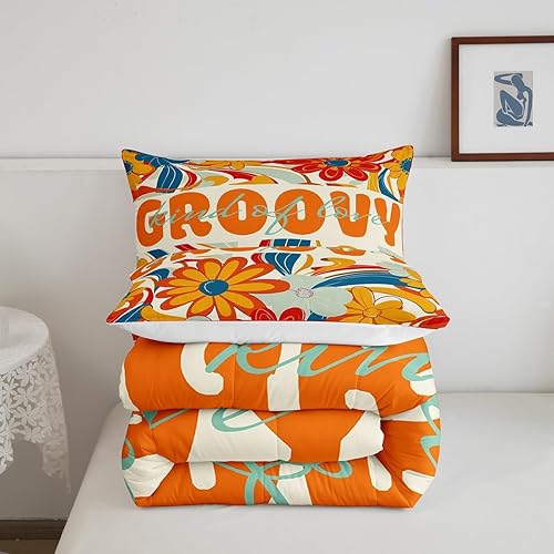 Miniatura 5 de Groovy - Juego de edredón de flores tamaño matrimonial, juego de ropa de cama vintage de flores de grafiti naranja para niños y niñas, juego de