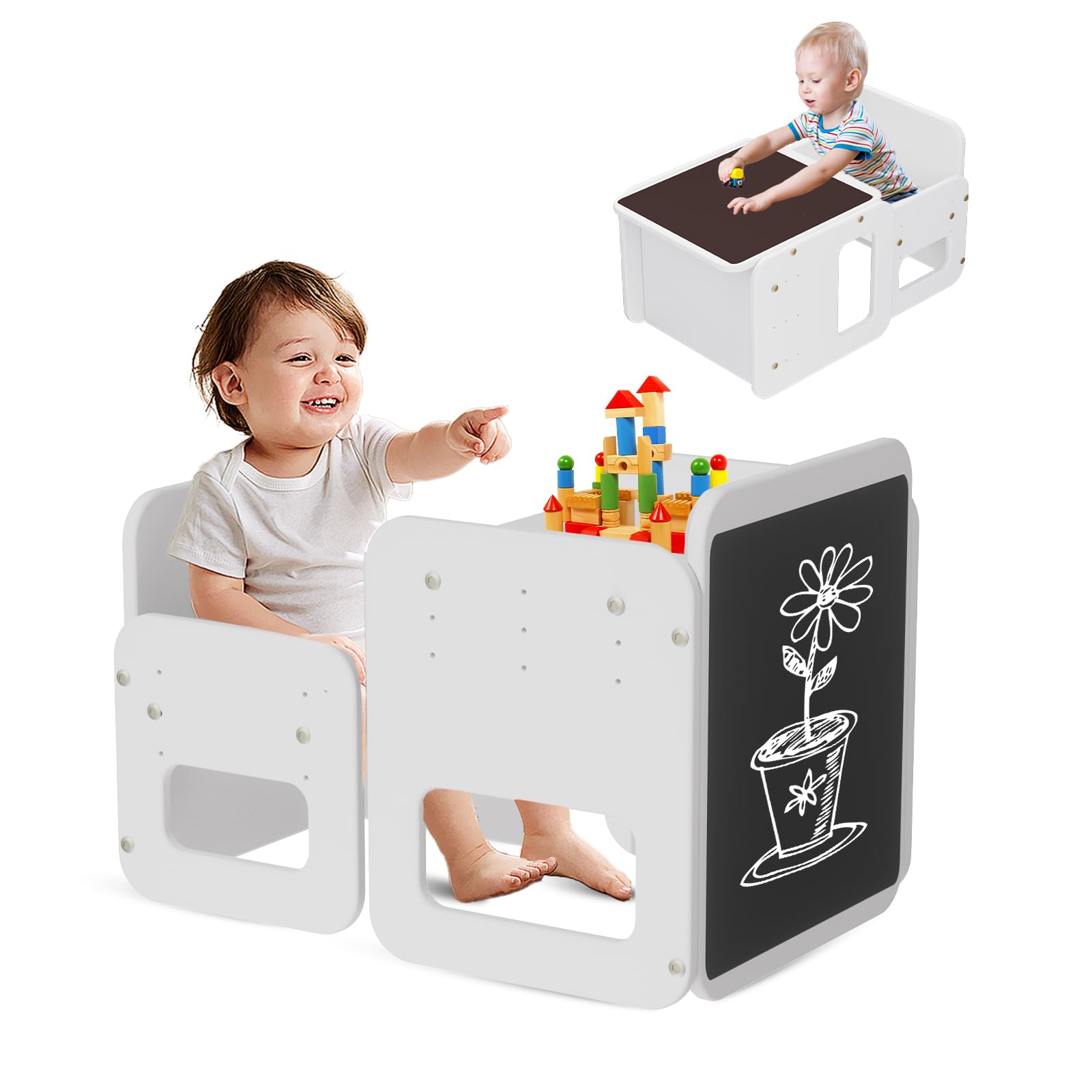 hoopyosms 2 en 1 Conjunto de Mesa y Silla Montessori para Niños, Mesa de Madera Ajustable para Niños Pequeños con Pizarra, Conjunto de Mesa para Actividades y Pintura para Niños, Blanco