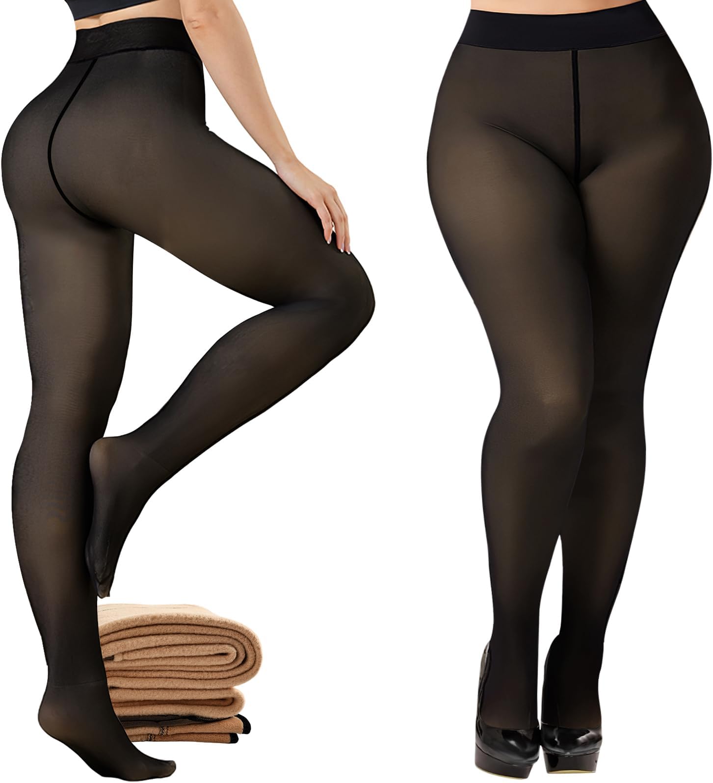 Fleece Lined Tights Sheer for Women-Fake Translucent Thermal Leggings High Waist Thick Warm Pantyhose for Winter
